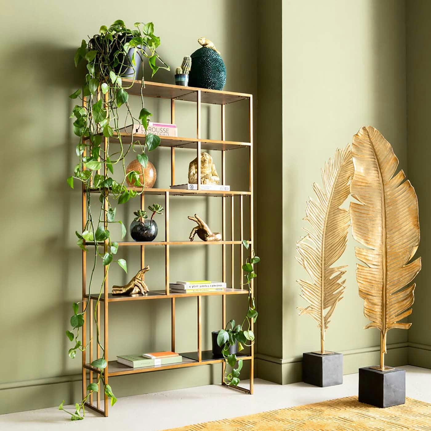 CESARO - Etagère 170cm en frêne massif, céramique noire et acier doré