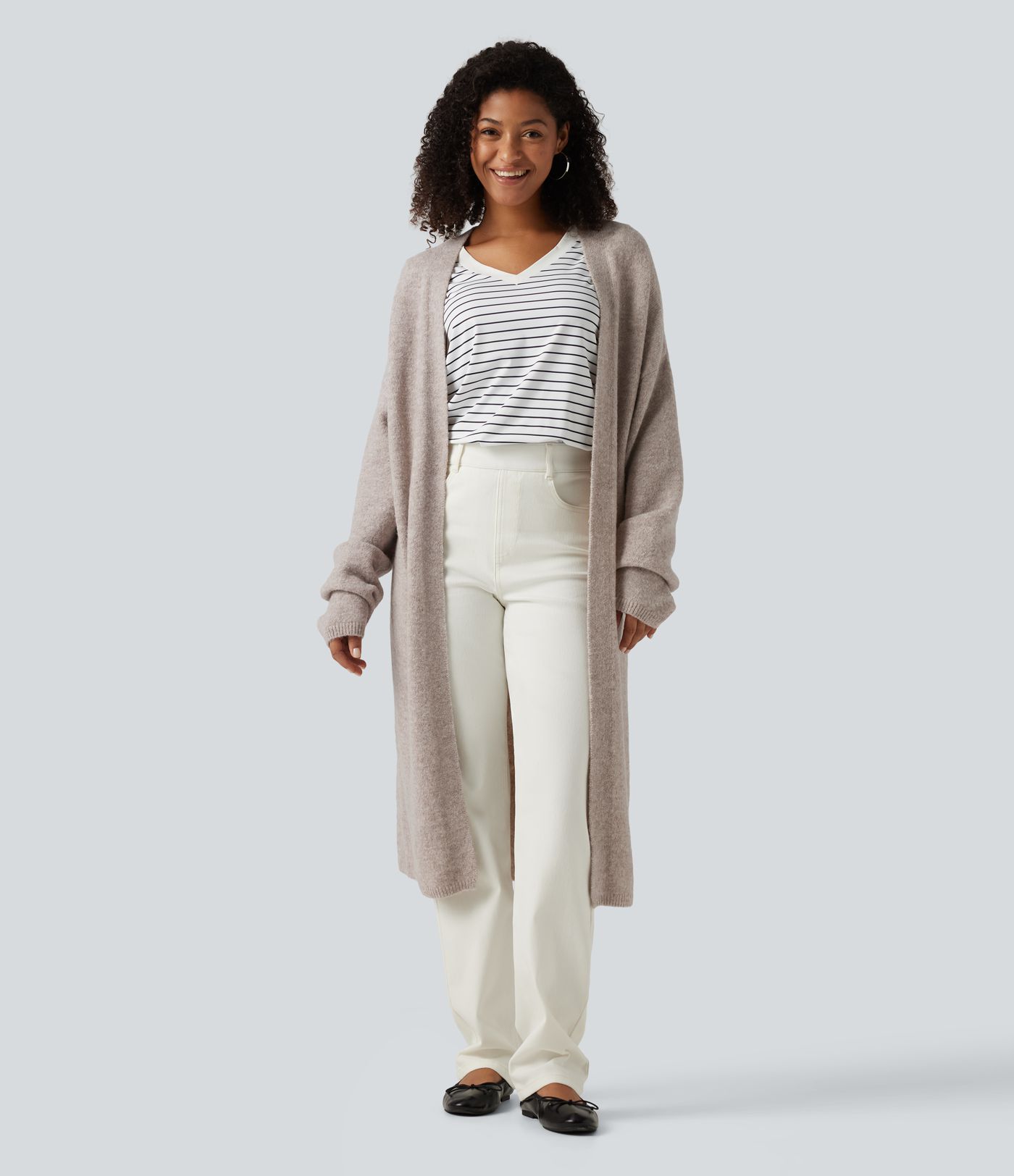 Cardigan long ouvert à épaules tombantes et manches longues
