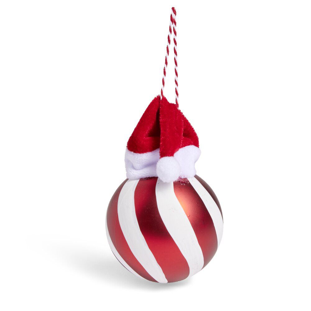 Boule de No&euml;l motif spirale et bonnet Père No&euml;l ou lutin Ø8xH11cm