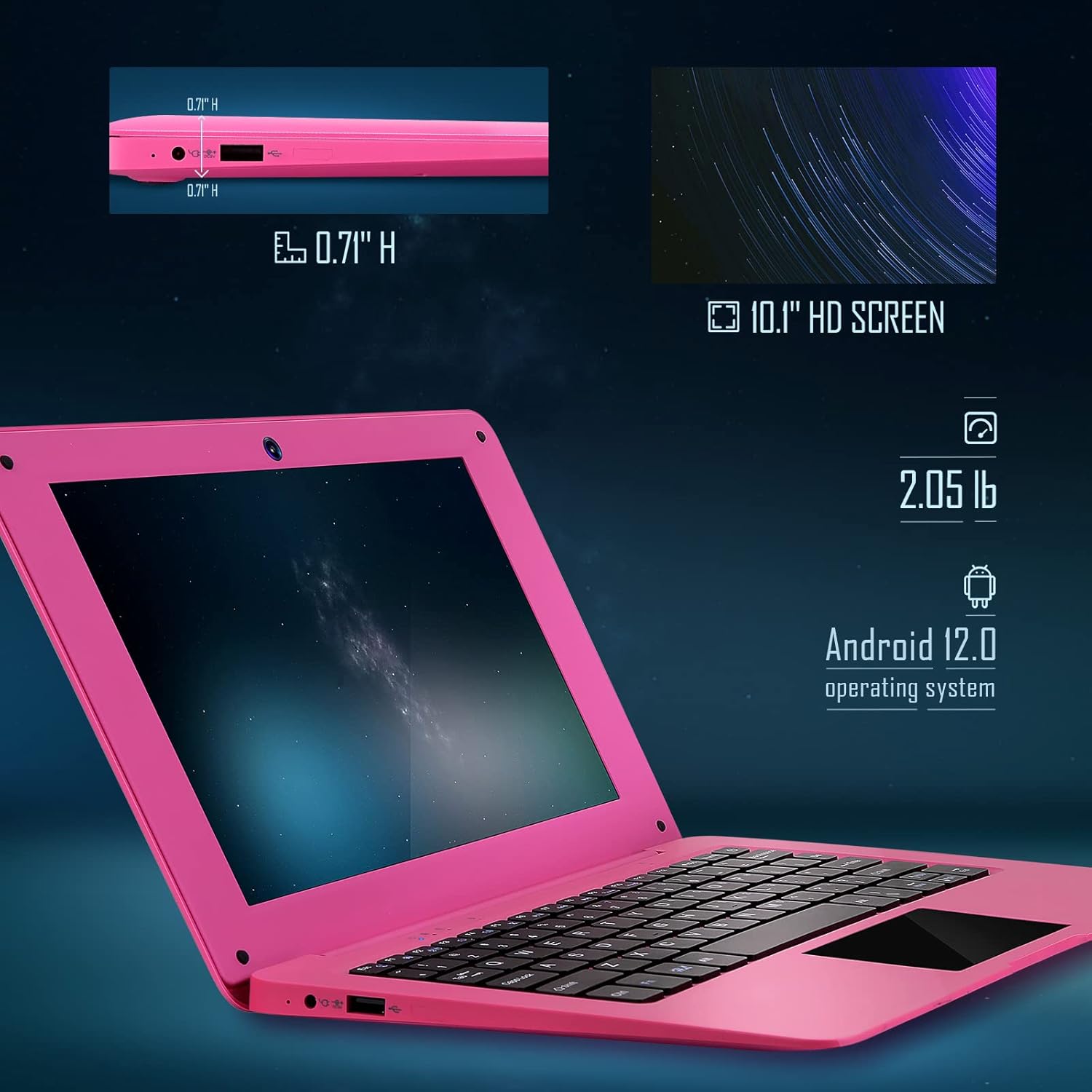 Laptop Computer(10.1 inch)  Quad Core Powered by Android 12.0  Netbook Computer with WiFi  Webcam and Bluetooth  Mini Laptop with Bag  Mouse  and Mouse Pad for Kids and Adults（Pink）
