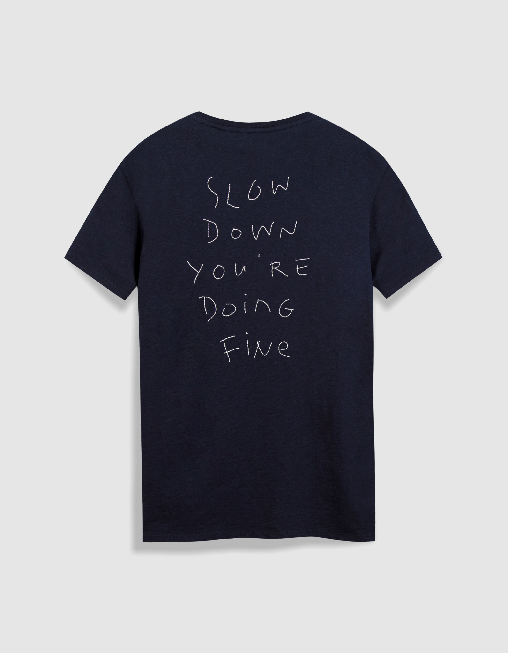 T-shirt marine flammé broderies devant dos Homme