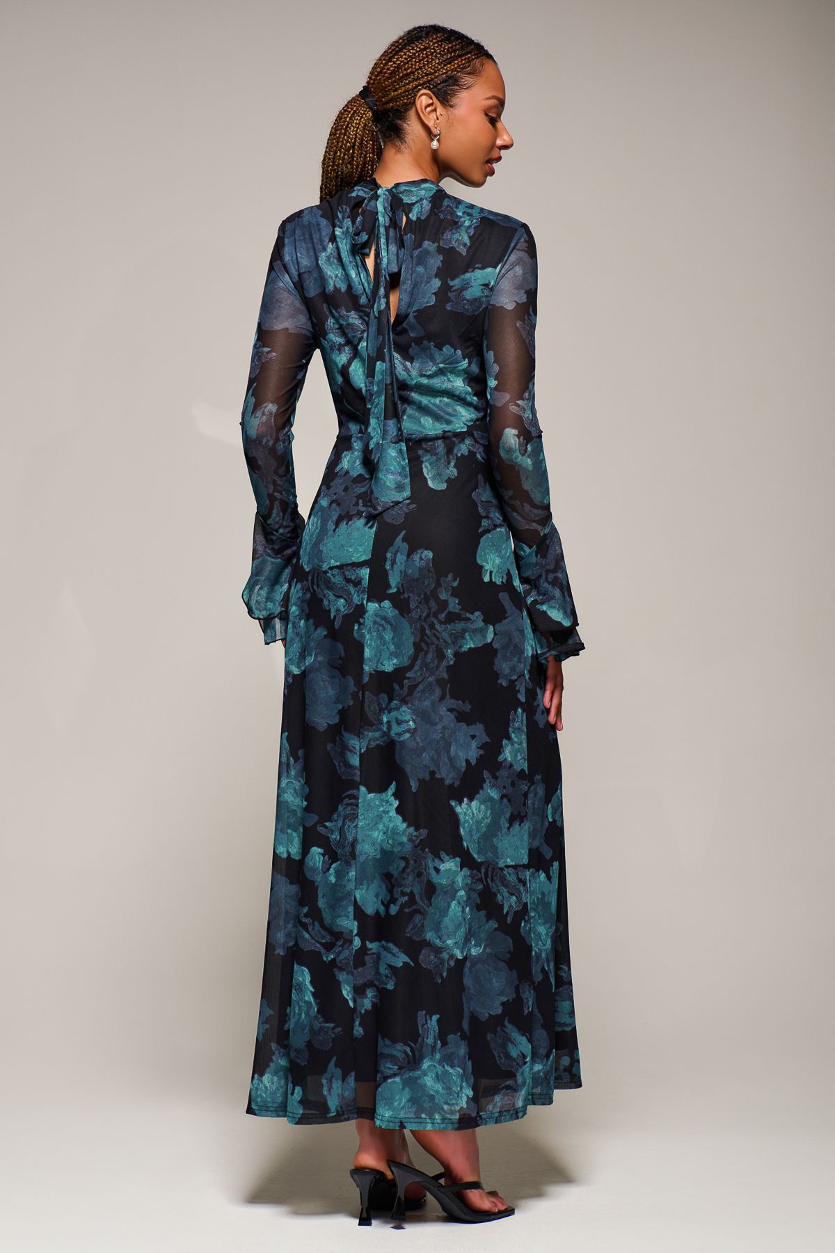Jolie Moi Ruffle Long Sleeve Mesh Maxi Dress