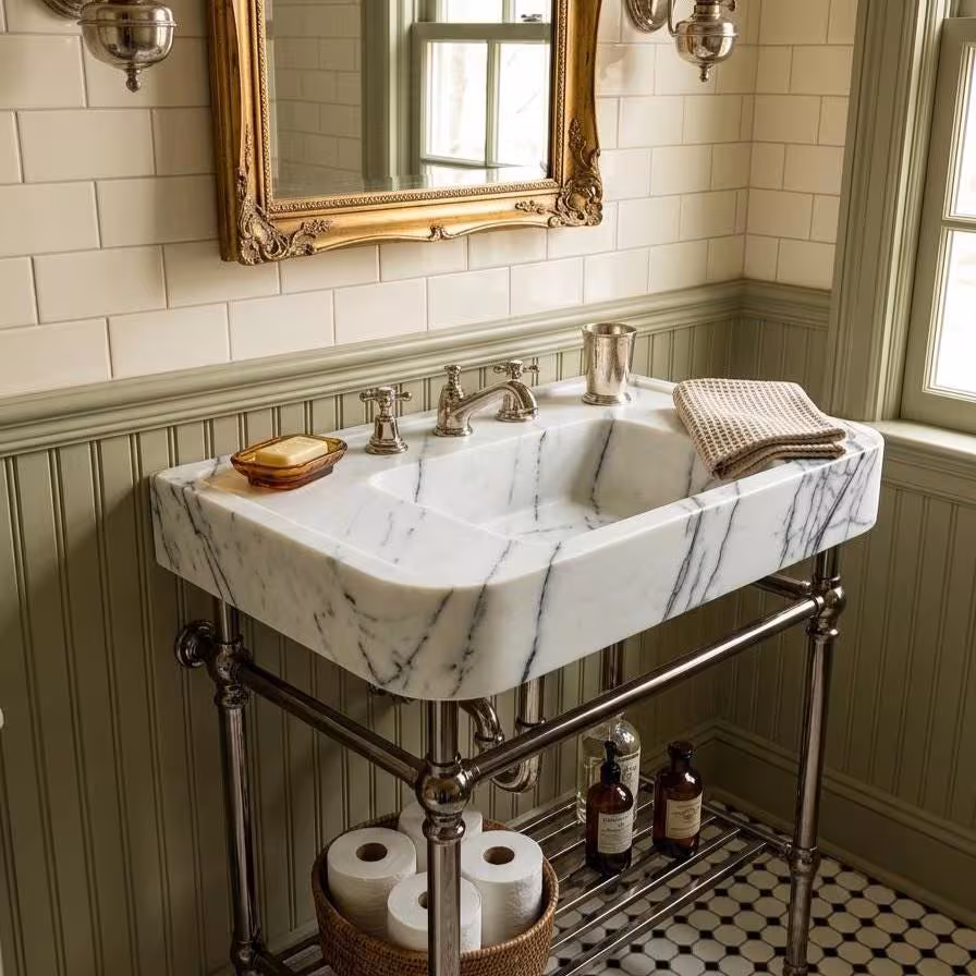 Lilac Marble Bathroom Sink, Handmade Marble Vanity Basin, Raised Rim, Wall Mount or Countertop