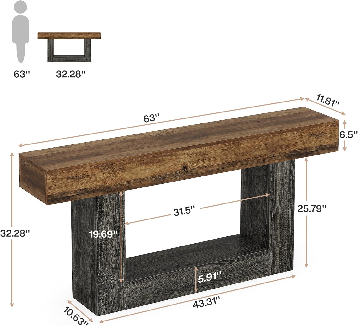 Tribesigns 63 Console Table, Farmhouse 2-Tier Entryway Table with U-Shaped Base, Narrow Long Wood Sofa Table Behind Couch Table for Living Room, Hallway, Foyer, Vintage Brown & Gray | Farmhouse, Entryway Table, Narrow, Long, Sofa Table, Behind Couch
