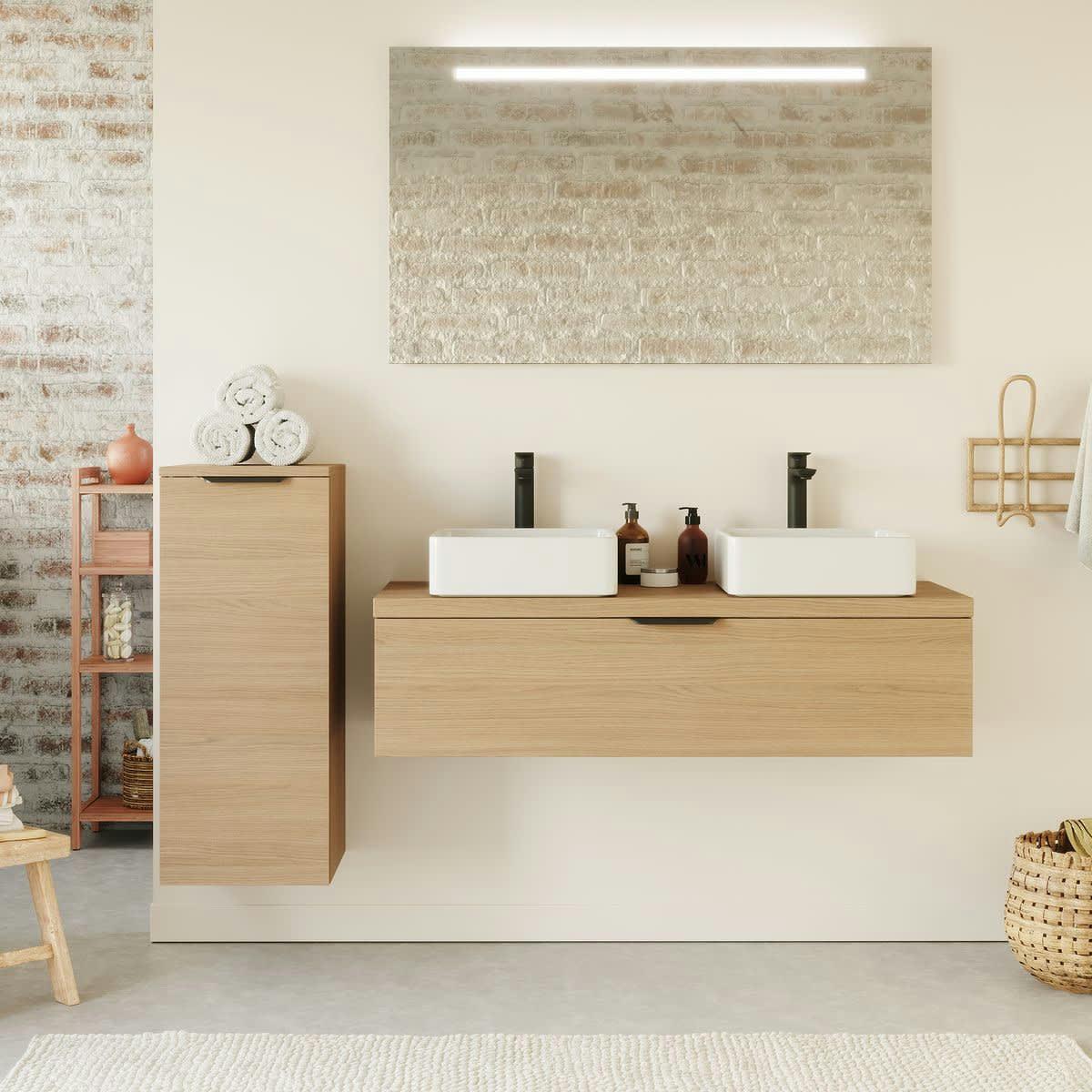 VENICE - Meuble salle de bain 2 vasques posées 120cm 1 tiroir Chêne