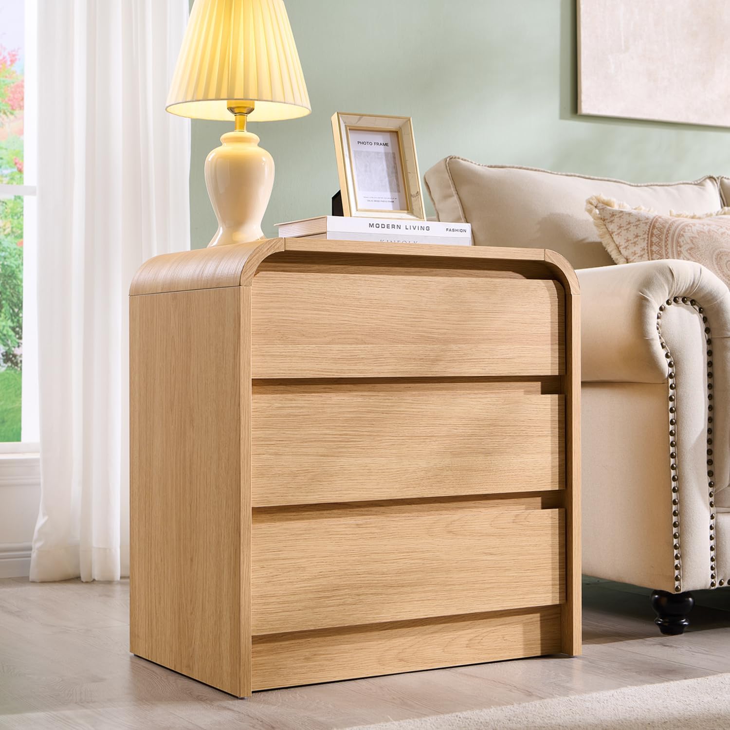 25 Tall Modern Nightstand Set of 2, 23.6 Wide Wood Bedside Table with Charging Station, 3 Storage Drawers Side Table w/Curved Profile Design,End Table for Bedroom, Natural Oak