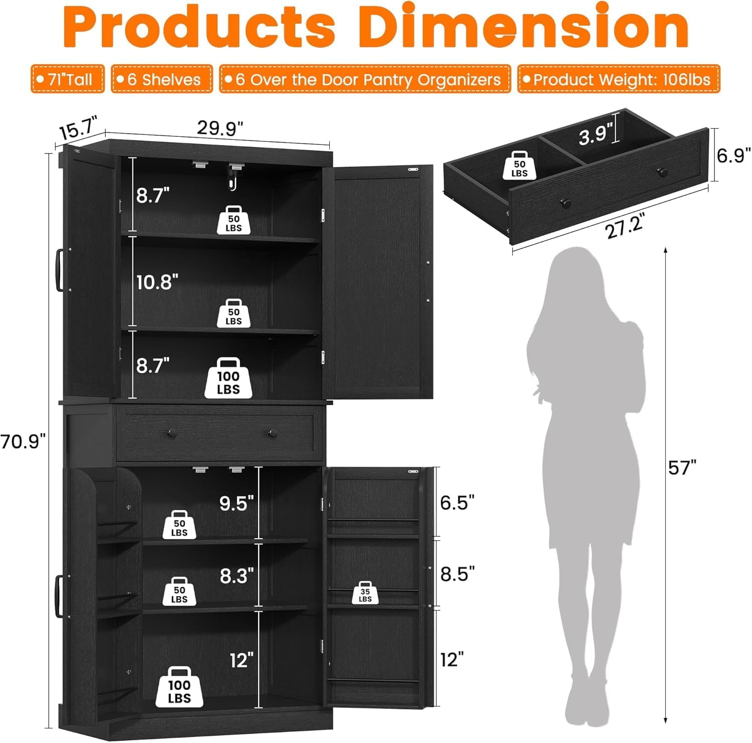 kepptory 72 Tall Kitchen Pantry Cabinet, Black Pantry Storage Cabinet with Adjustable Shelves, Barn Doors and Drawer, Farmhouse Cupboard for Kitchen, Dining Room, Bathroom (16 D x 30 W x 72 H)