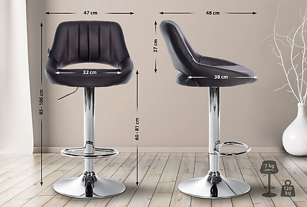 Lot de 2 tabourets de bar Milet similicuir, Chaise de bar pivotante avec repose-pieds et dossier Métalchromé/Marron