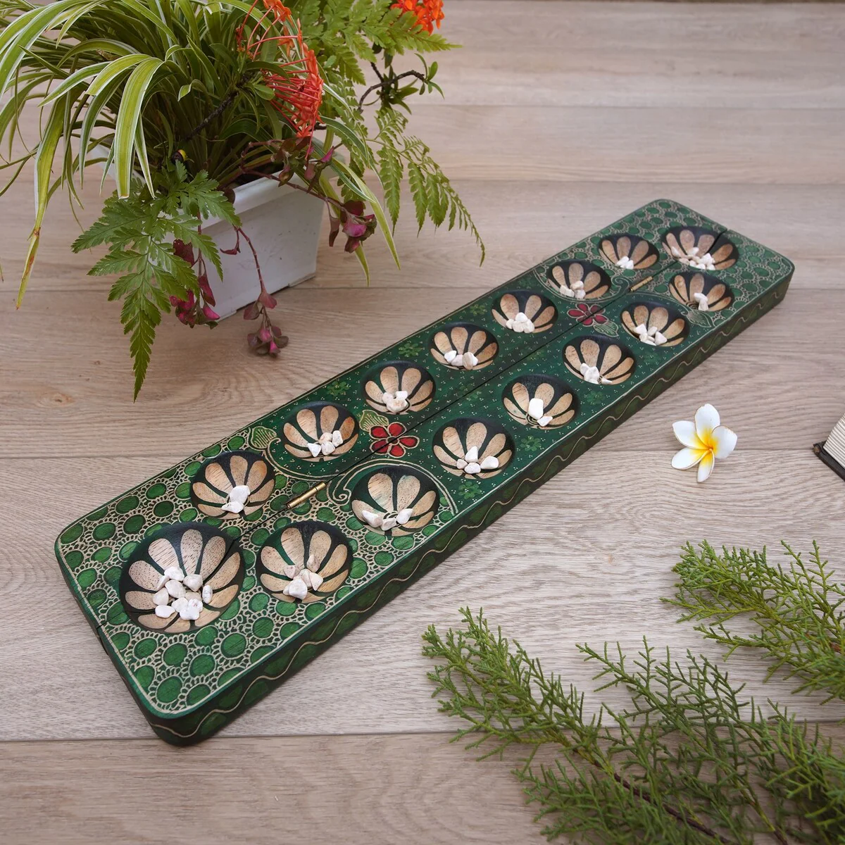 Novica Handmade Spirited Game In Green Batik Wood Mancala Game