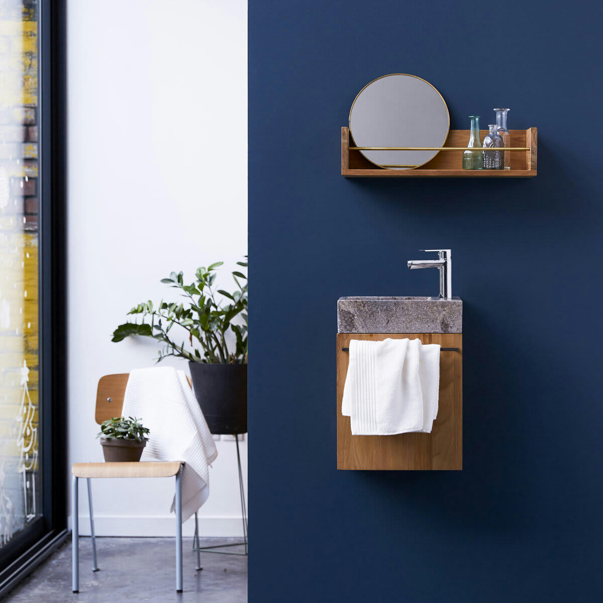 STELLE - Meuble Lave main en teck massif et marbre grey