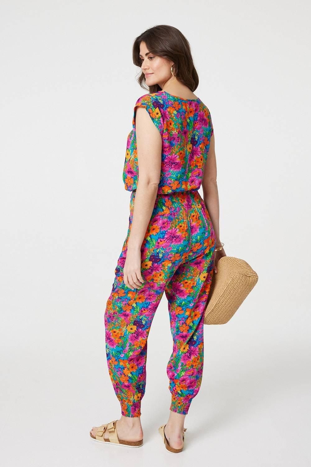 Izabel London Floral Shirred High Waist Harem Pants