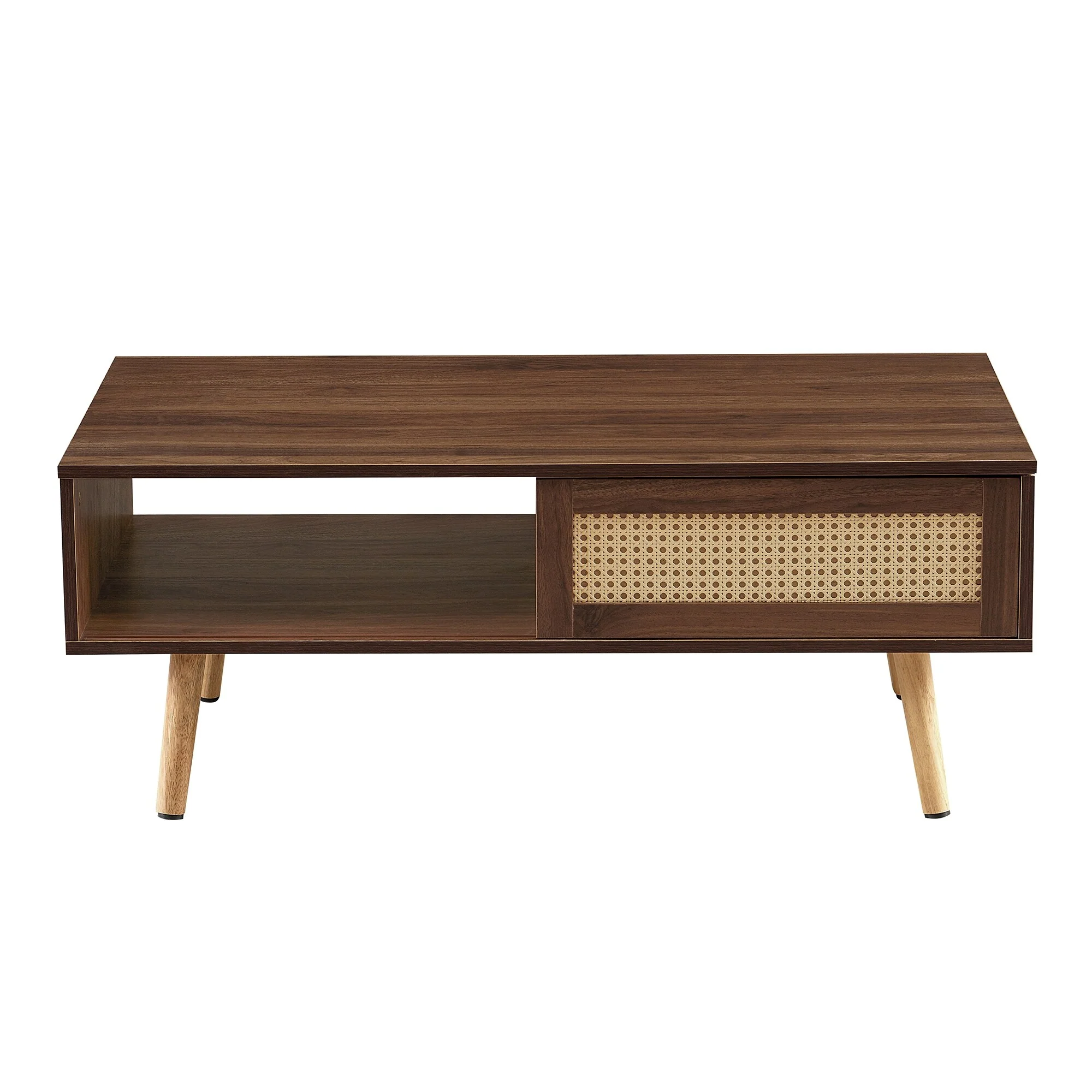 Modern PE Rattan Coffee table With Solid Wood Legs for Living Room