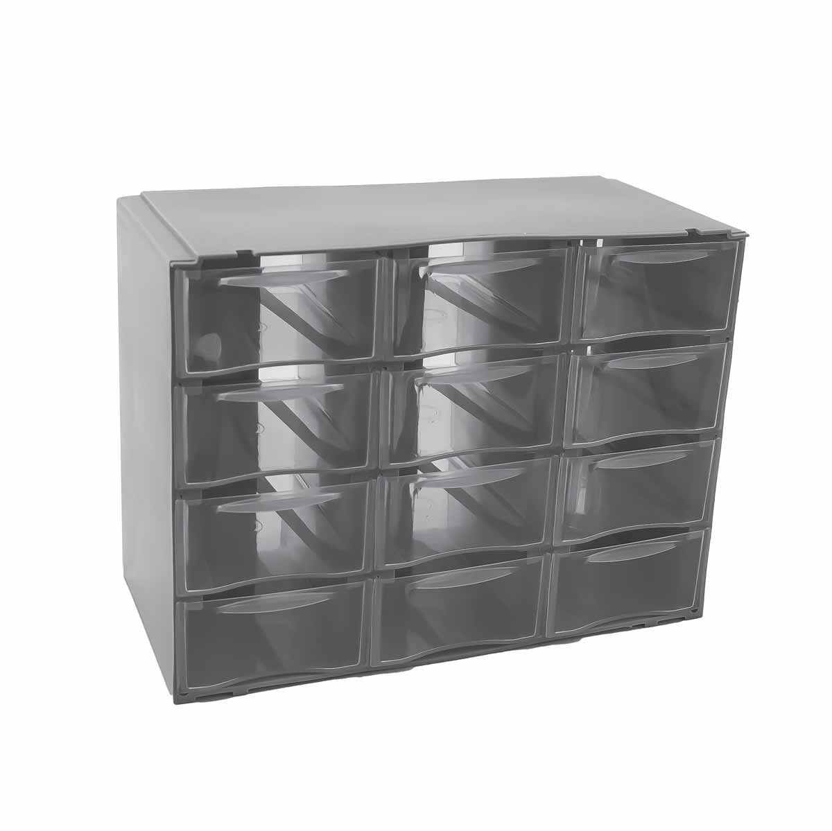 Mini prateleira cinza com 12 gavetas