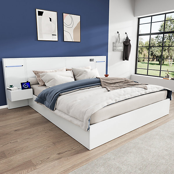 Lit double 160x200cm avec 2 tables de chevet et port USB - Avec horloge électronique et enceinte Bluetooth - Blanc
