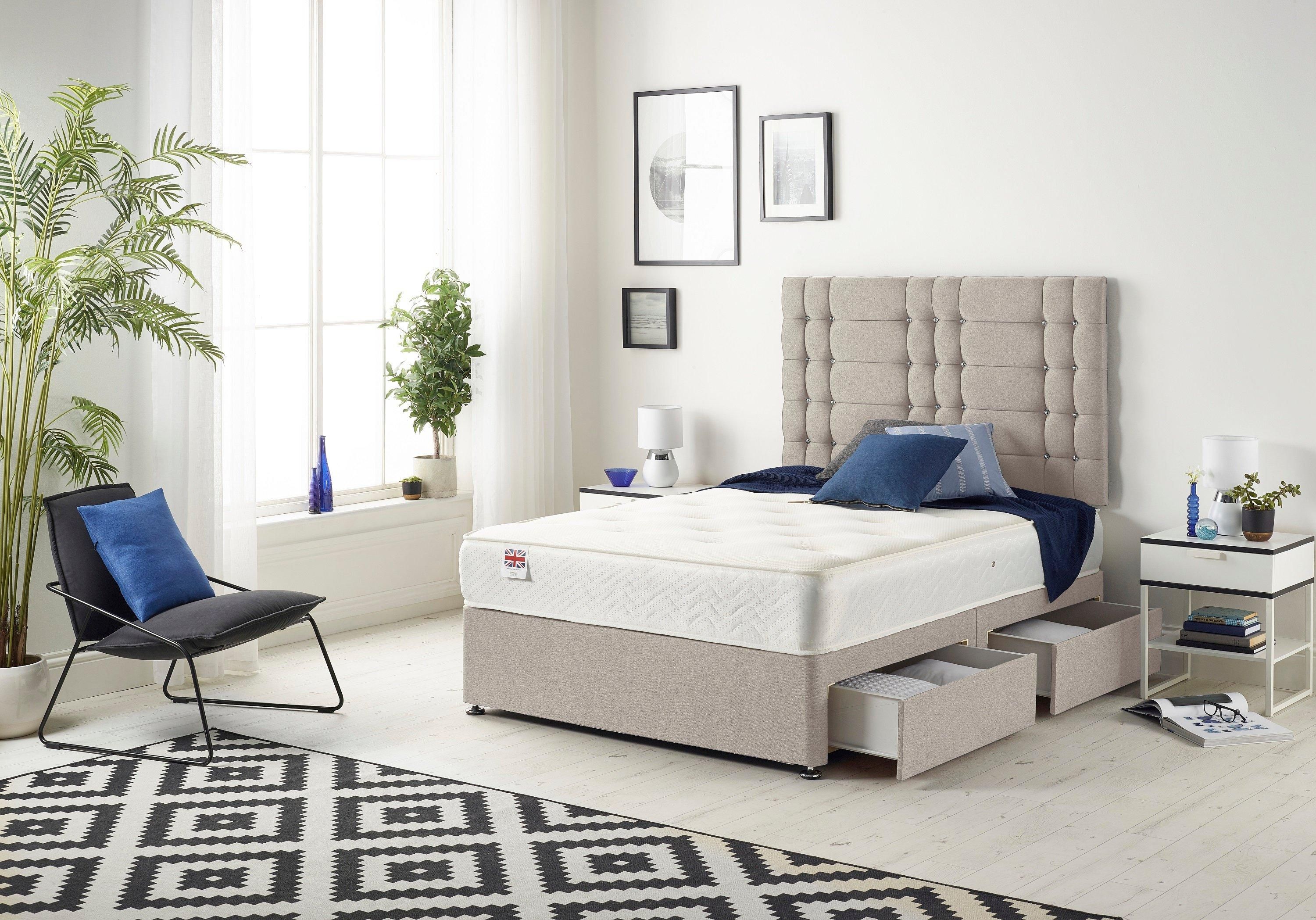 Somnior Bliss Sprung Memory Foam 2 Drawer Divan Bed with Upholstered Headboard Plush Velvet