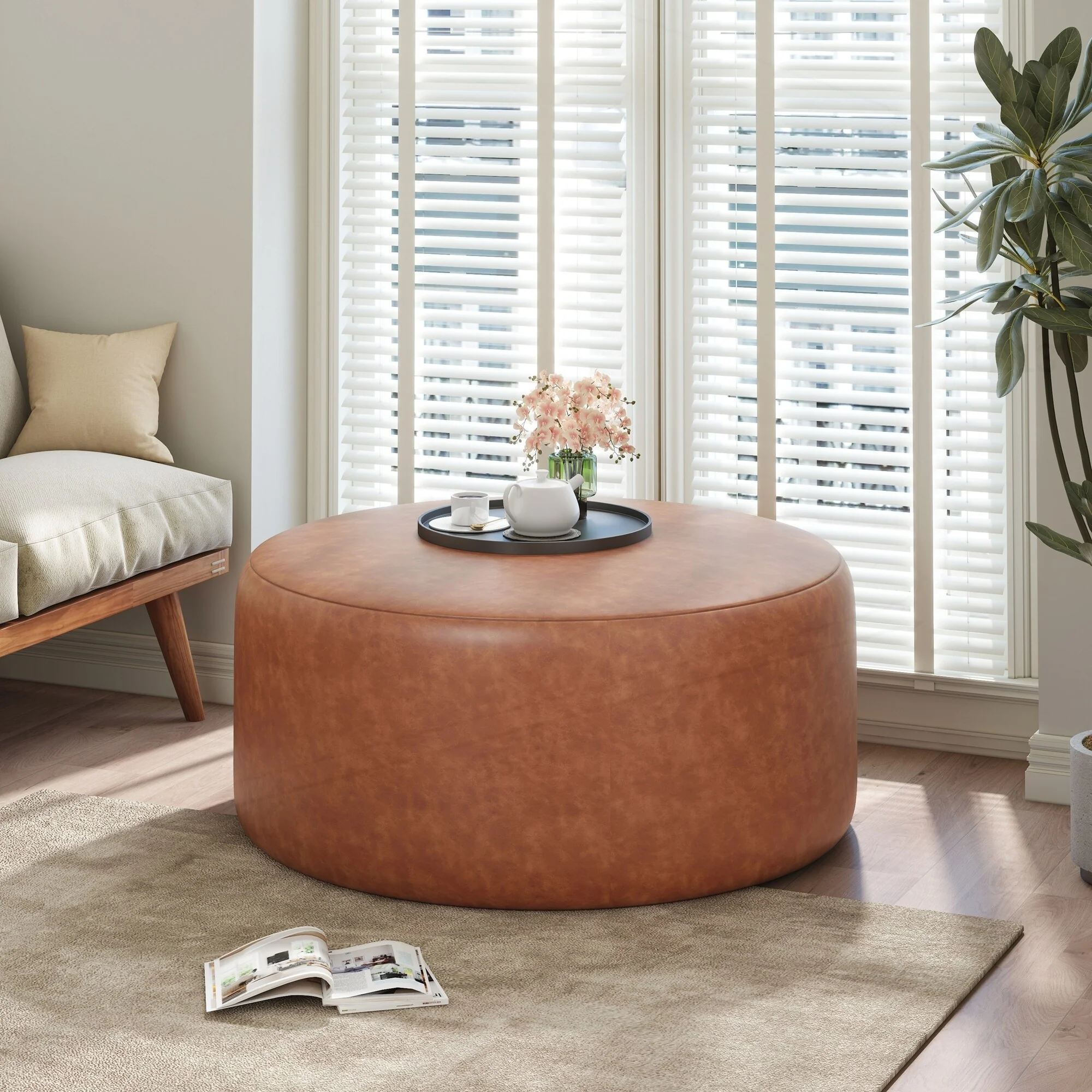 Upholstered PU Leather Round Ottoman