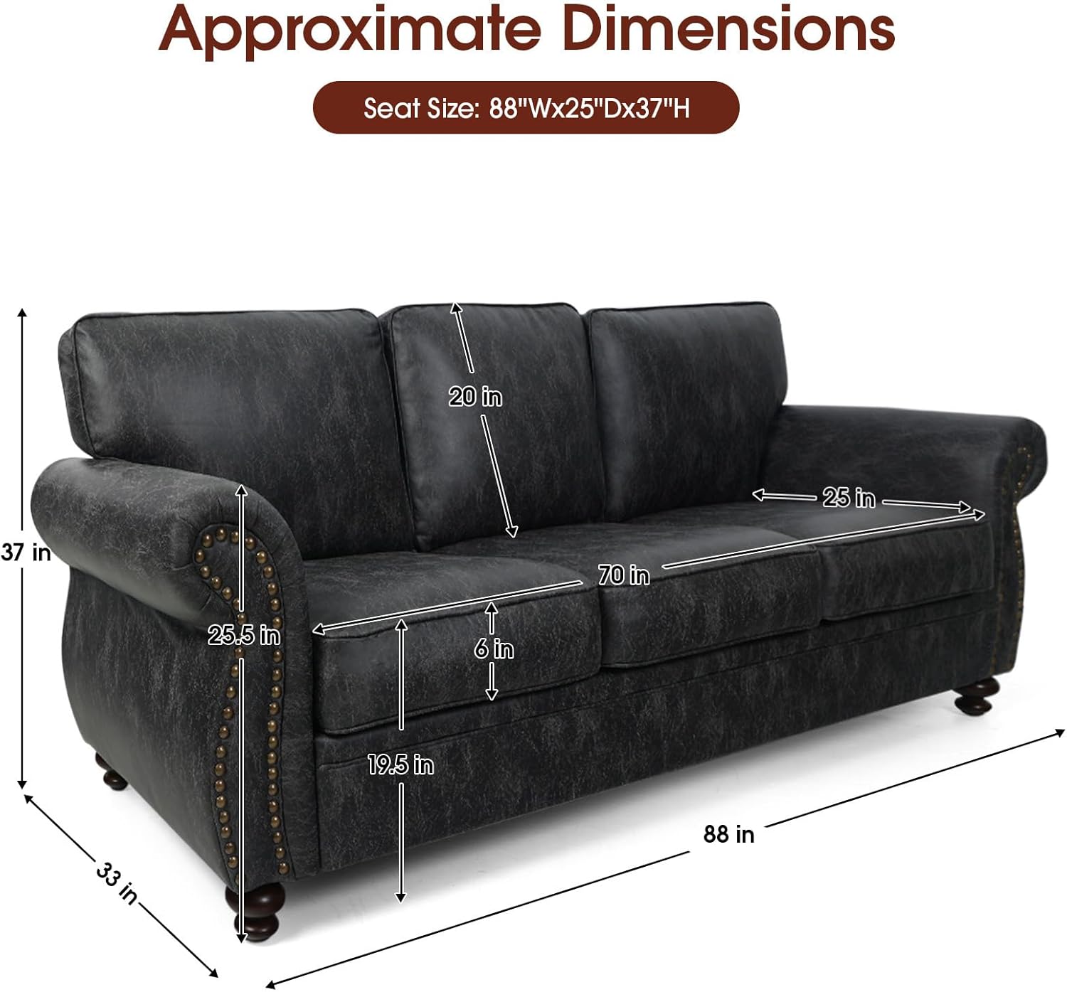 Mid-Century Vintage Sofa Couches with Rivet Design,3-Seater Sofa,Removable Sofa Cover Upholstered Cushions and Solid Wood Frame (Grey, 3-Seater)