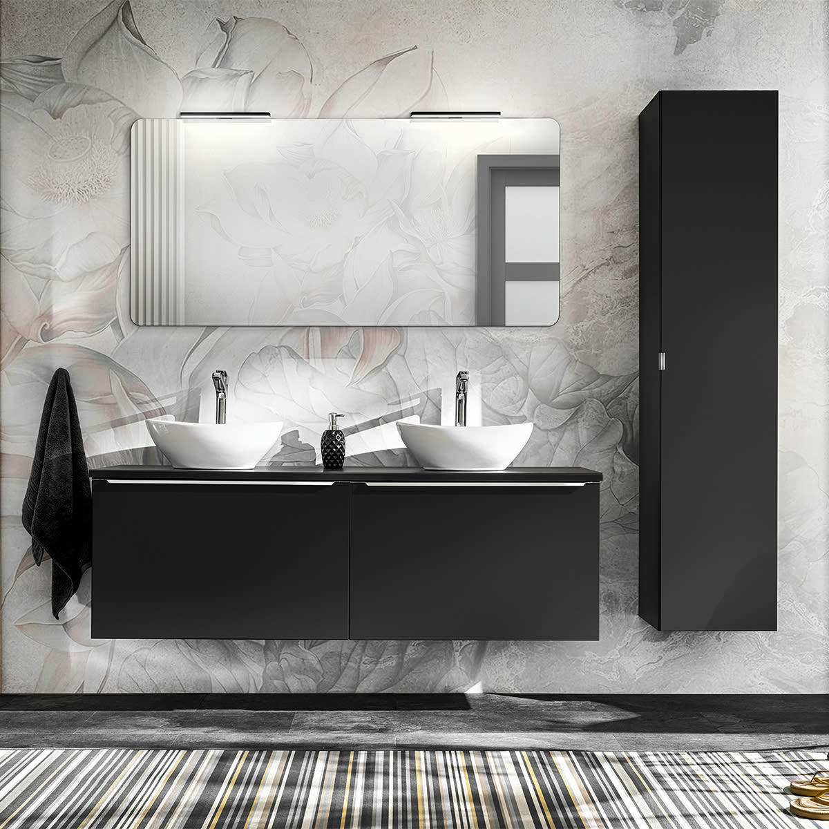 - Ensemble meuble double vasque 160cm et colonne stratifiés et mdf noir