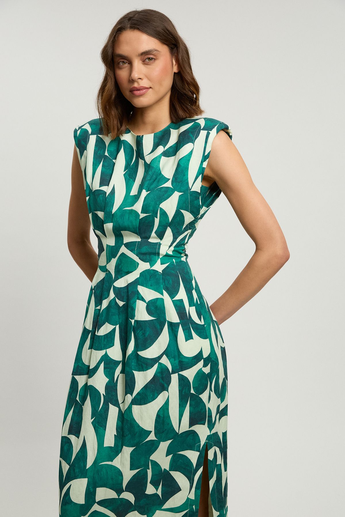 KarenMillen Viscose linen geo print woven pintuck midi dress