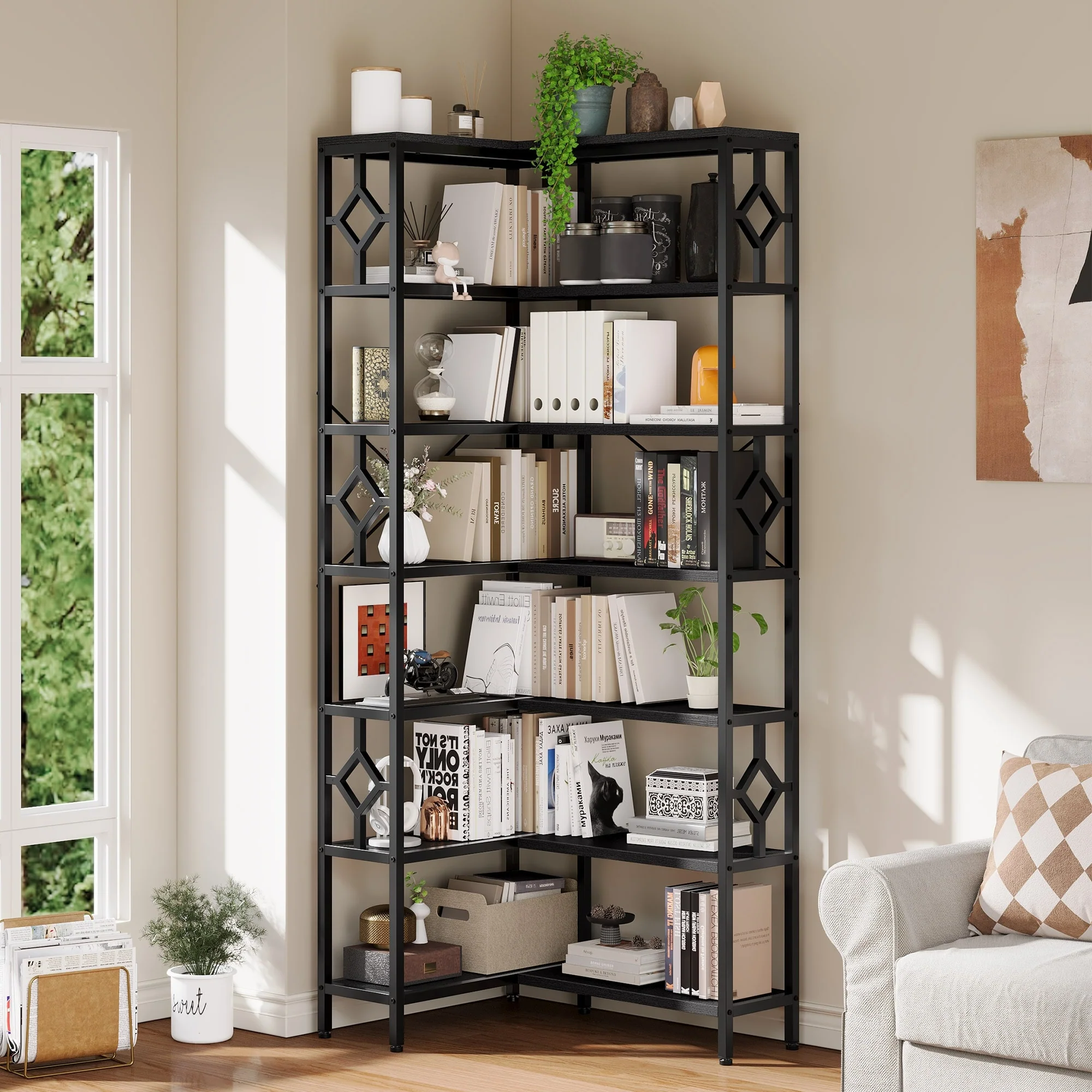 Moasis 78 Inches Tall Corner Bookshelf 6-shelf Large Bookcase with Metal Frame