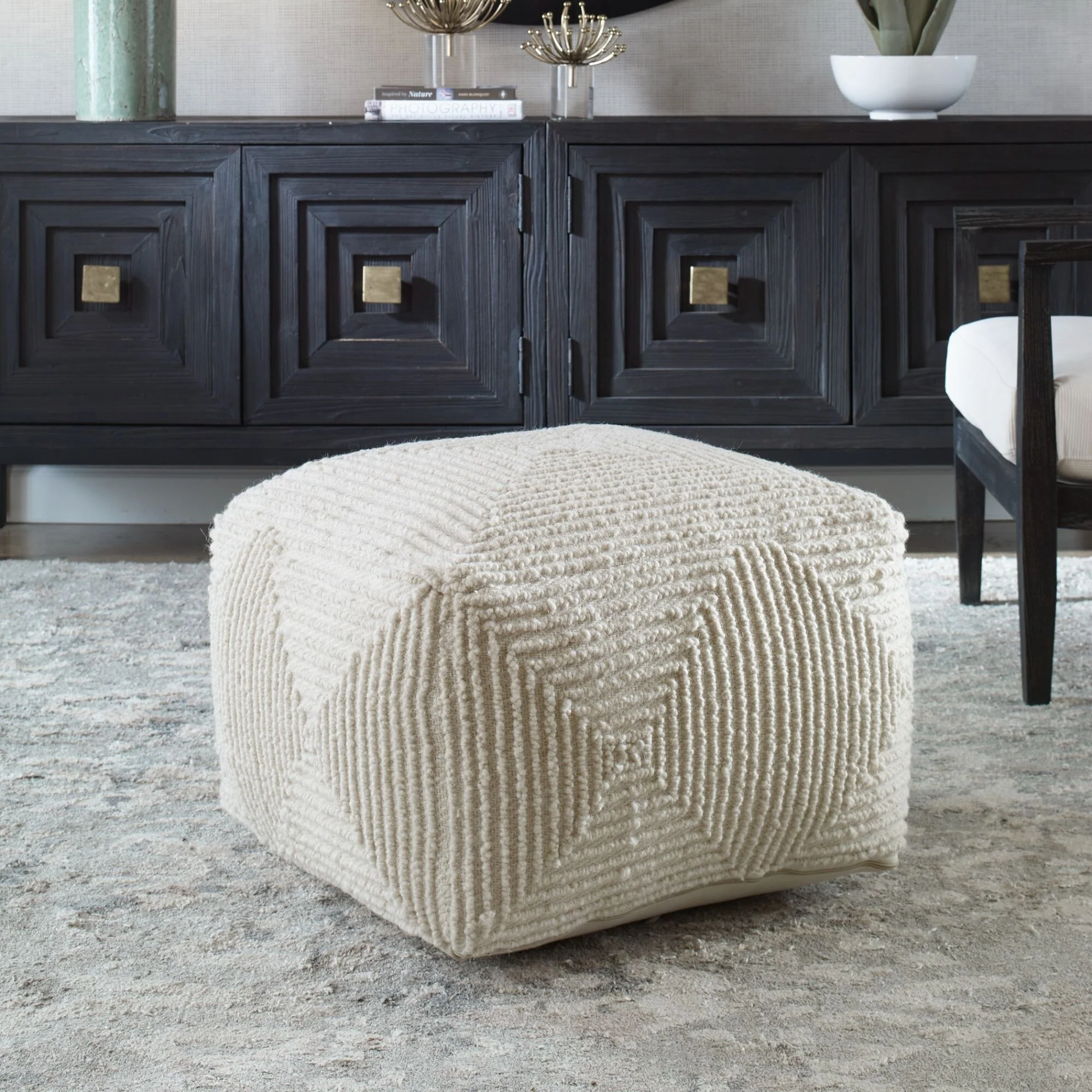 Handwoven Geometric Wool Rectangular Pouf Ottoman - 24 - Cream