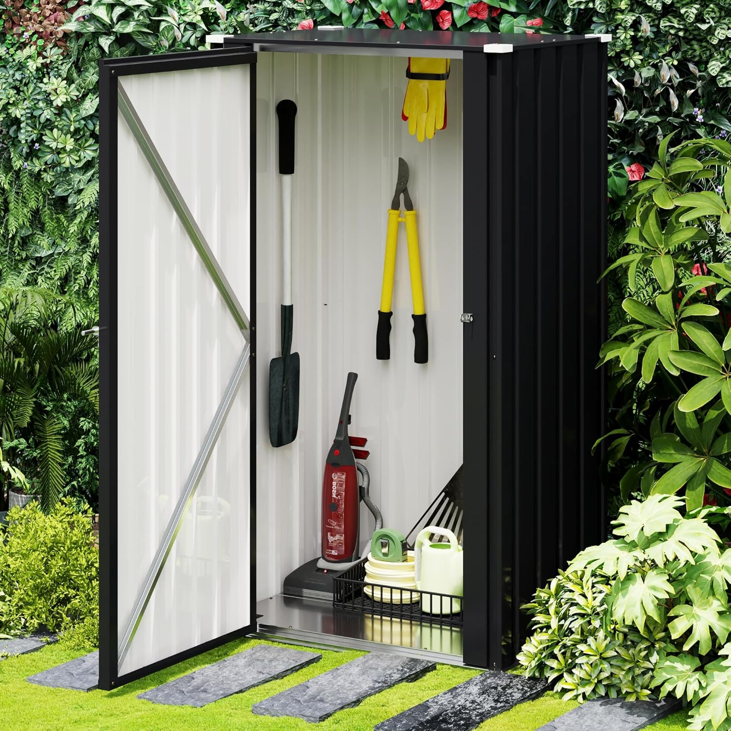 Devoko 22 Cuft Lockable Metal Storage Shed, Vertical Indoor Outdoor Tool Cabinet with Non-Adjustable Shelves for Patio Garden Backyard, Black