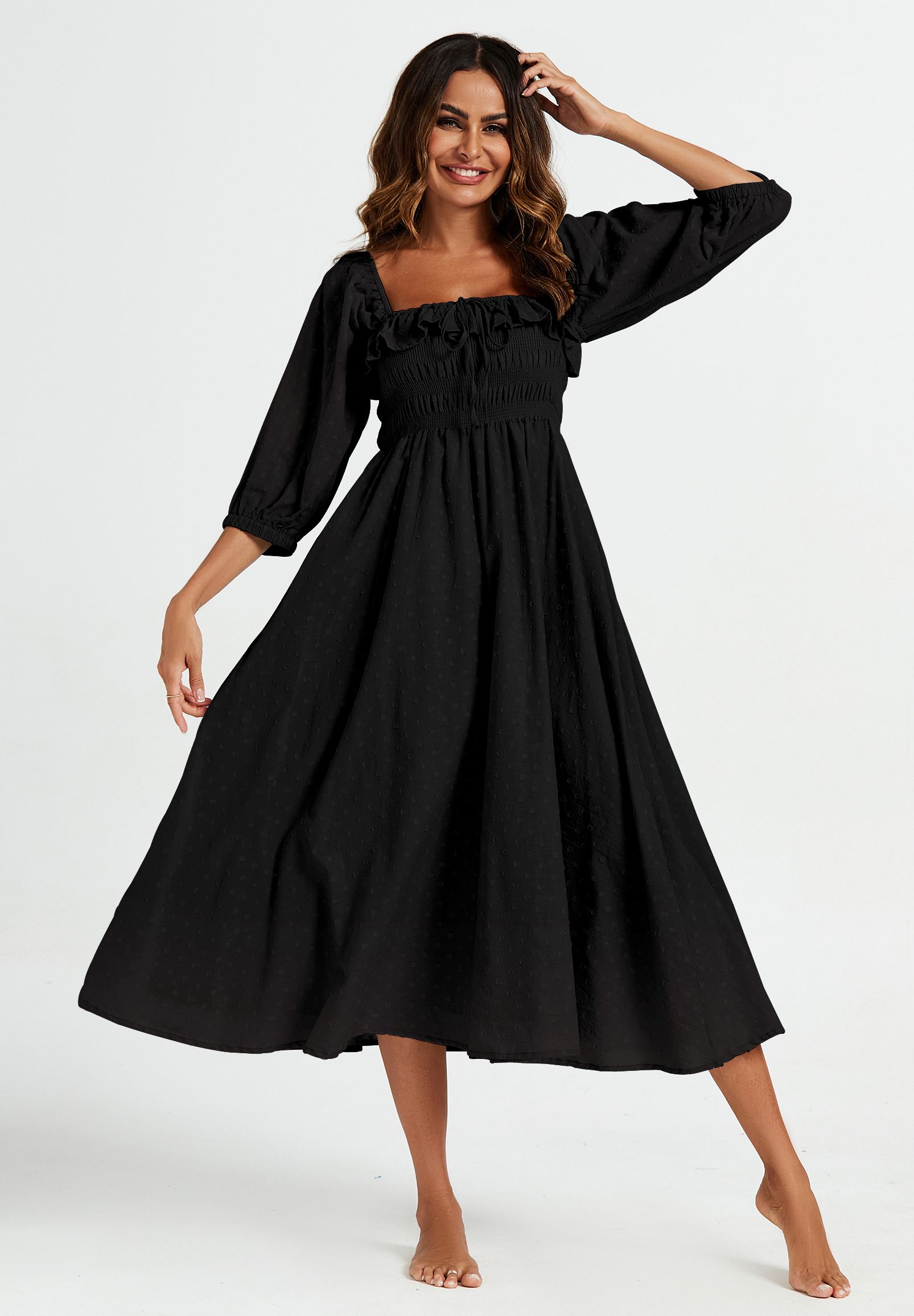 FS Collection Frill Detail Square Neckline Midi Dress In Black