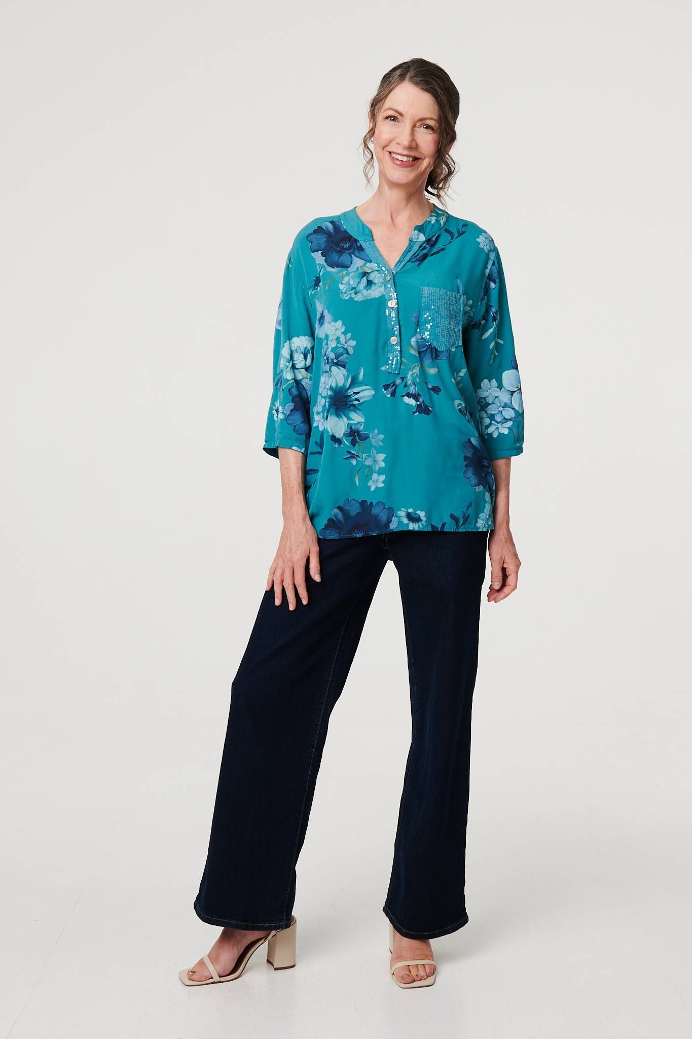 Izabel London Floral Sequin Detail 3/4 Sleeve Blouse