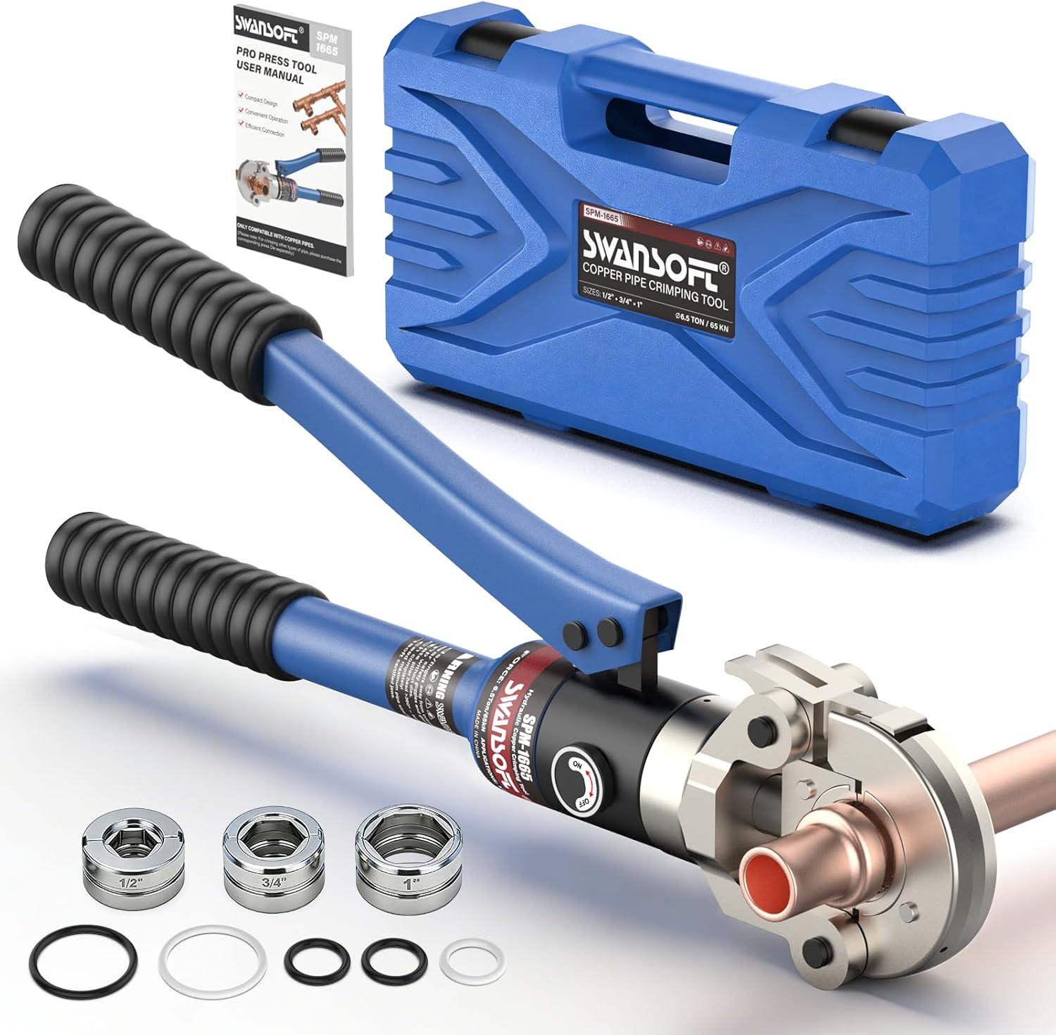 SWANSOFT Hydraulic Copper Pipe Crimping Tool with Interchangeable 1/2, 3/4, 1 Dies – Compact Pro Press Tool for Copper Tube Tight Spaces and Tee Fittings
