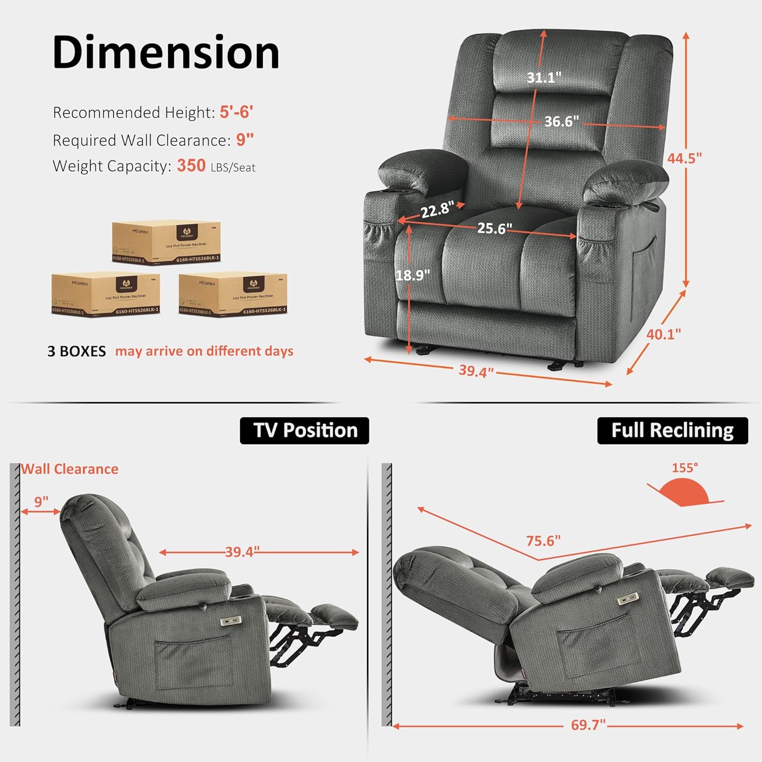 MCombo Oversized Recliner Chair for Big and Tall, Zero Gravity Recliner with Massage and Heat, USB & Type C Ports, Cup Holders for Living Room PR671(Grey, Oversized)