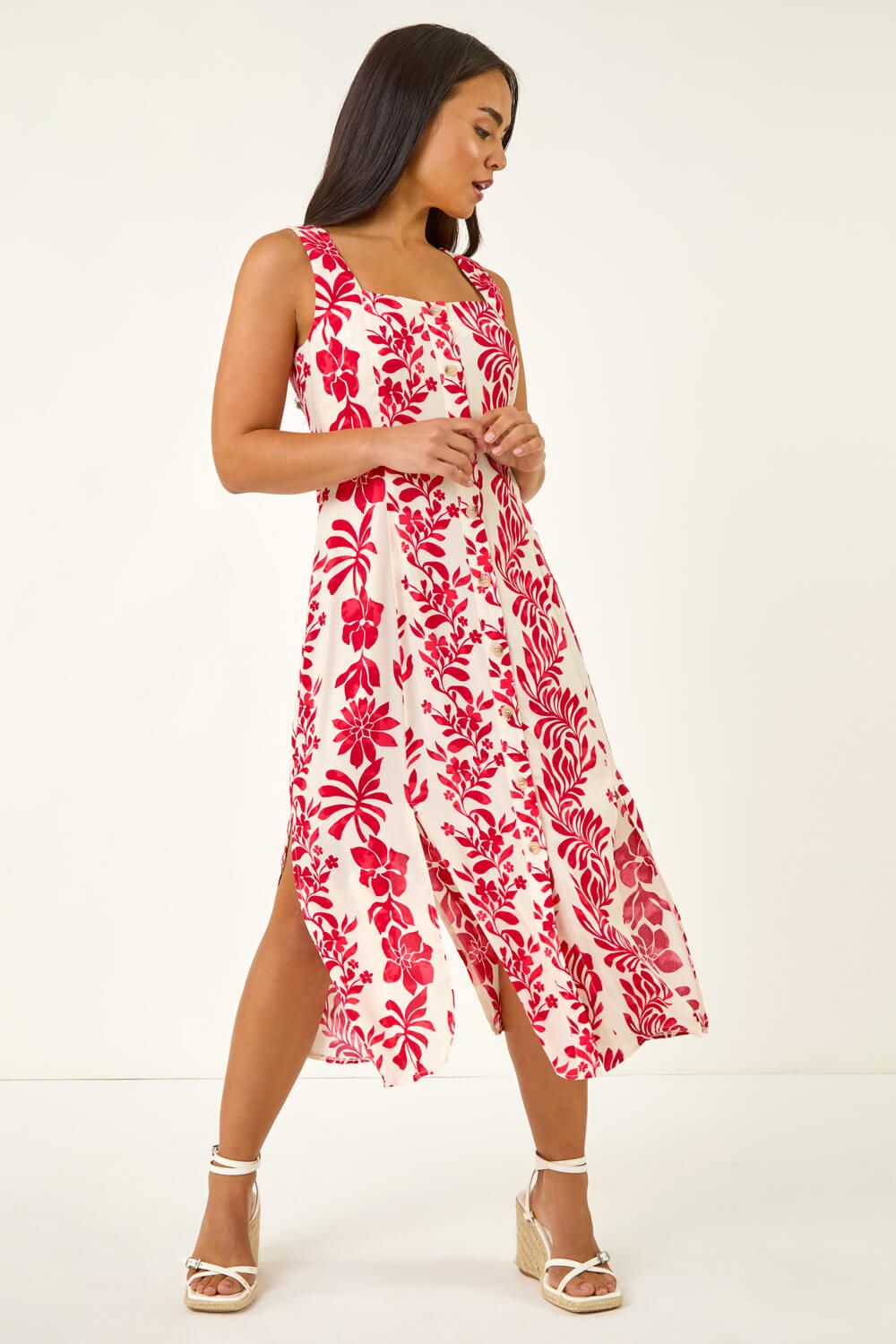 Roman Petite Button Front Midi Dress