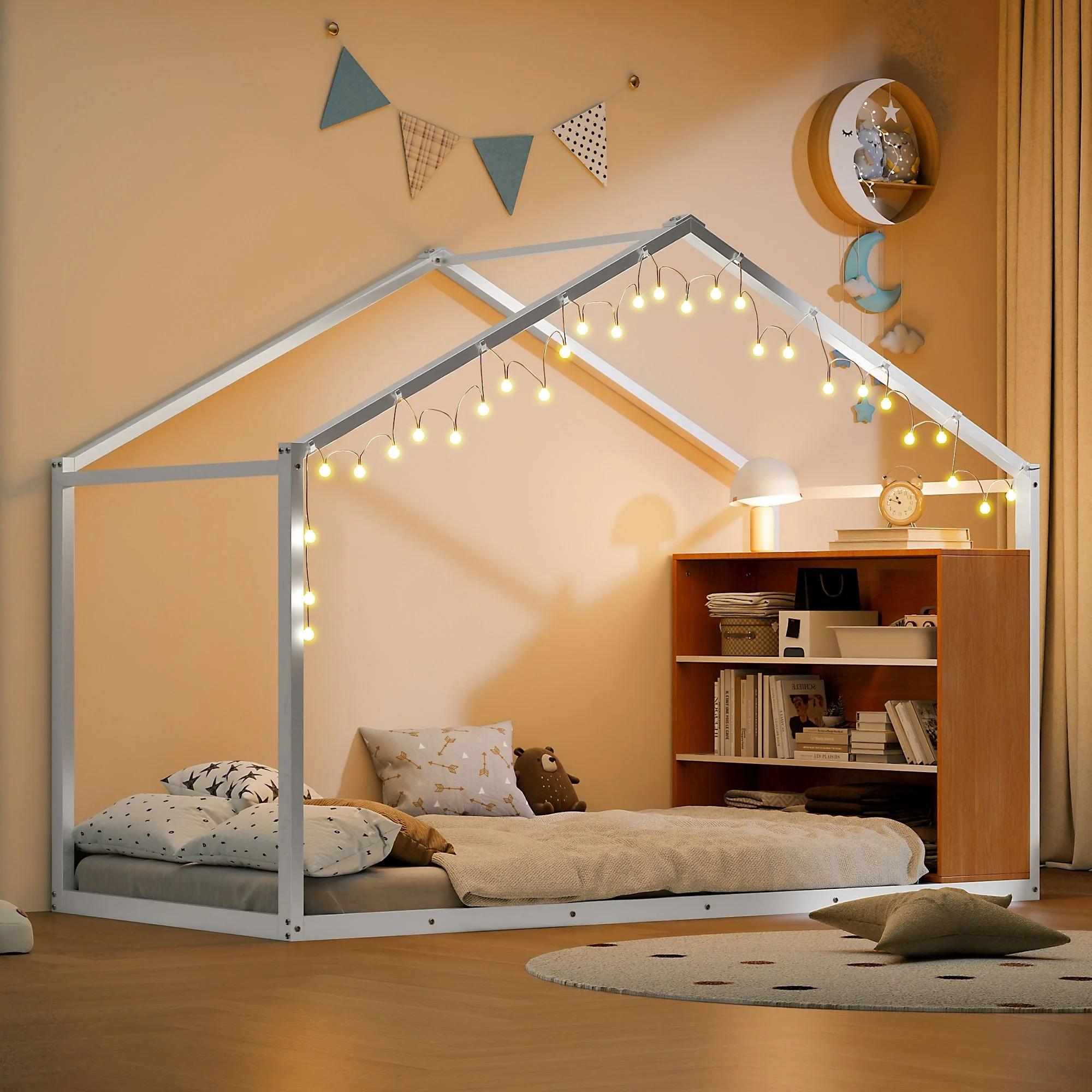 Twin Size Metal Wood House Bed Frame with Shelves and Lights for Kids