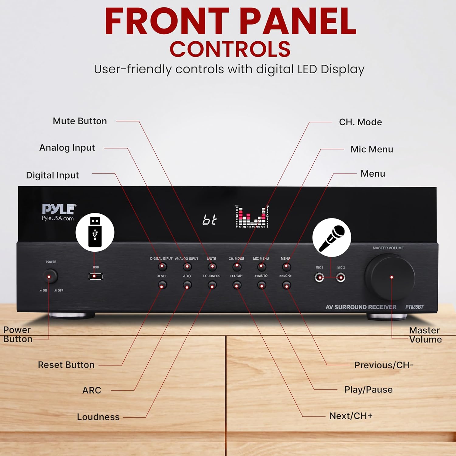 Pyle Bluetooth Home Theater Receiver Hi Fi Stereo System - 7.2 Channel Surround Sound Amplifier Entertainment System with ARC Support, MP3/USB/DAC/FM Radio, PMPO: 1200MAX - PT885BT