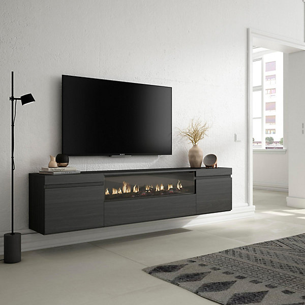 Meuble TV 200x35x45cm feu led sans chaleur mural couleur noir