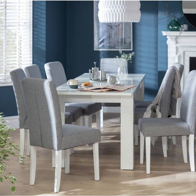 Habitat Miami Extending White Dining Table & 8 Grey Chairs
