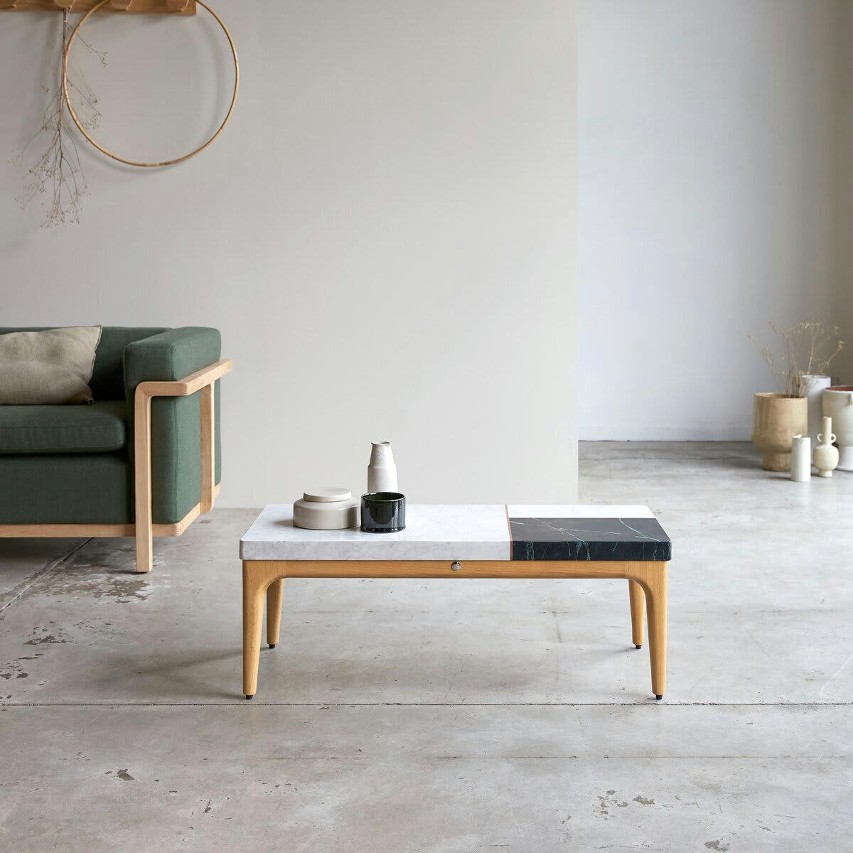 STONEPIET - Table basse en chêne massif et marbre 95x40 cm