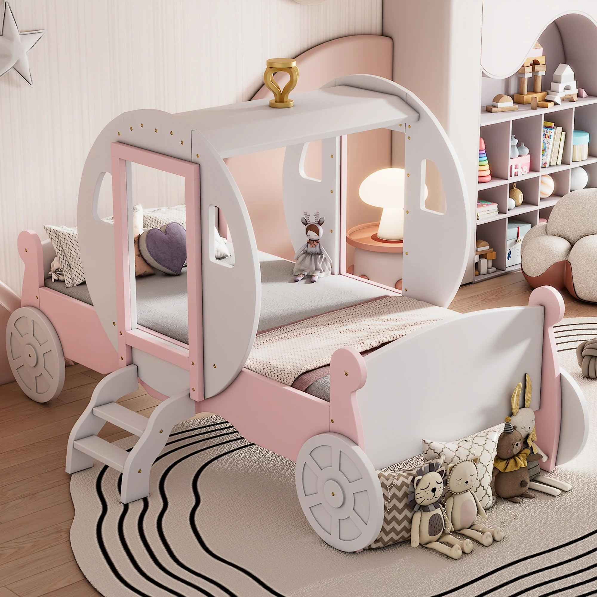 Twin Size Princess Carriage Bed with Crown Detail and Wooden Staircase