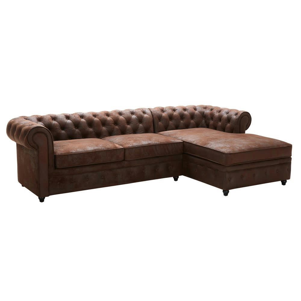 Chesterfield - Canapé d'angle droit 5 places en suédine marron