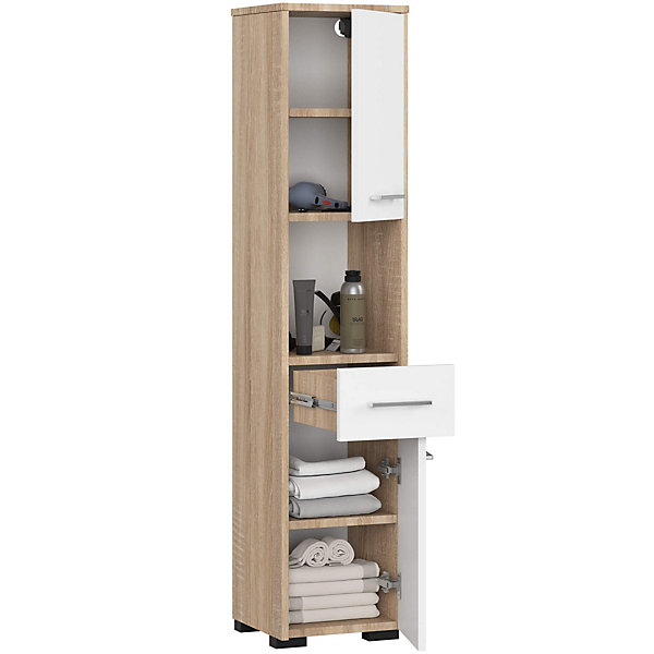 Colonne salle de bains AKORD FIN Chêne Sonoma 30 cm 2 portes 1 tiroir façade Blanche 5 étagères 30x30x140 cm