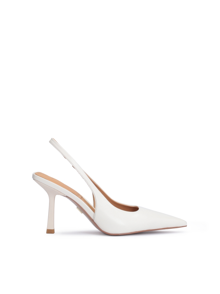 Off white pumps on a sleek stiletto with a square heel