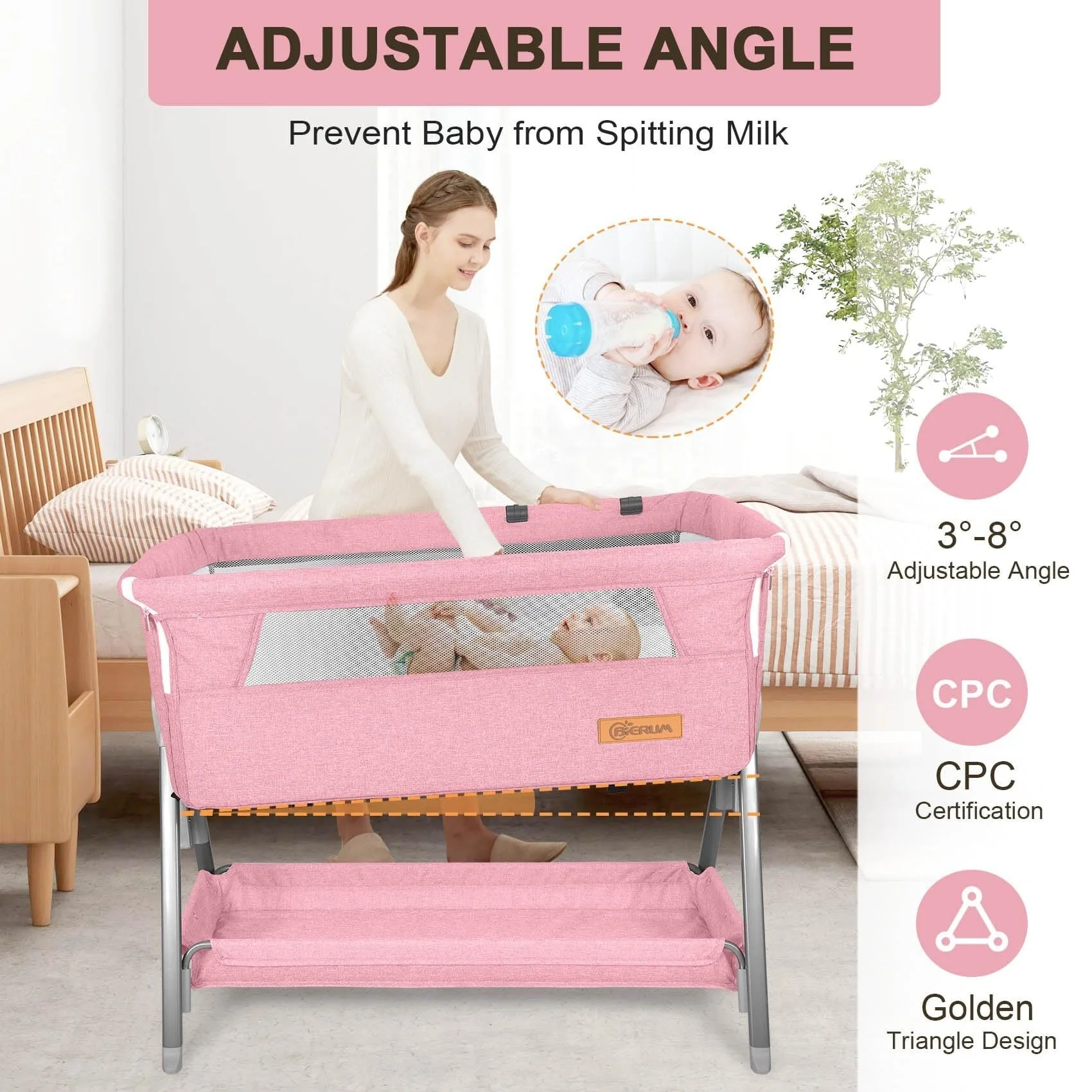 Baby Bassinet, Portable Bedside Sleeper for Baby, 7 Height Adjustable Bedside Bassinet with Wheels, Mattress Included