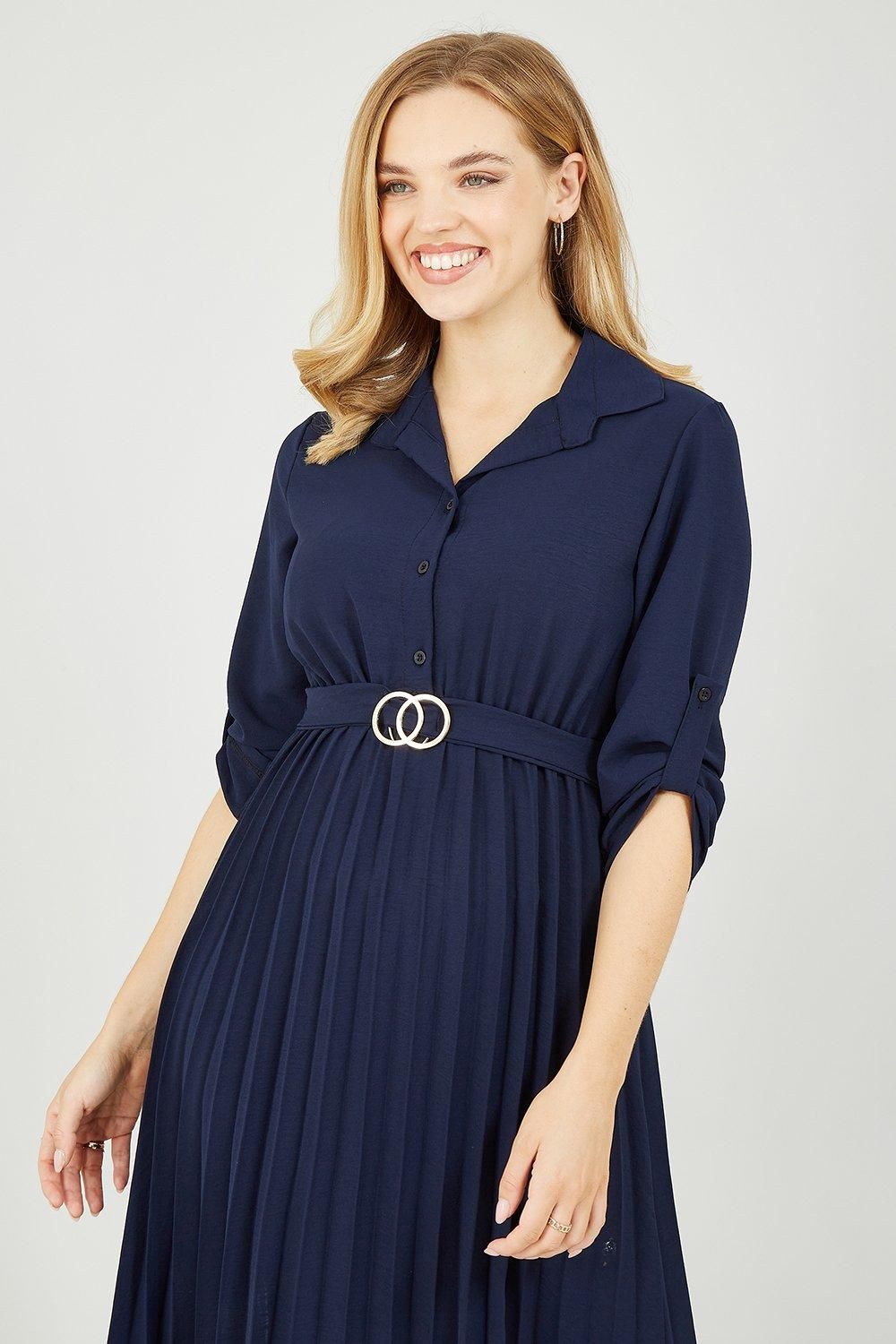 Mela Navy Belted Shirt Midi Dress