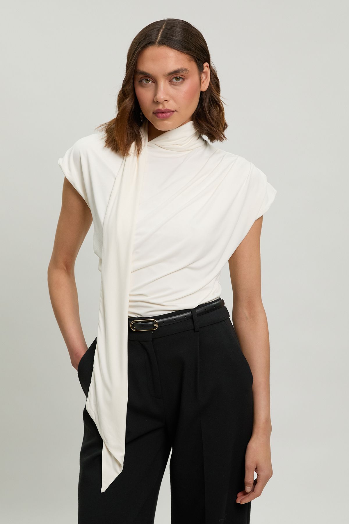 KarenMillen Cowl Neck Tie Detail Jersey Top