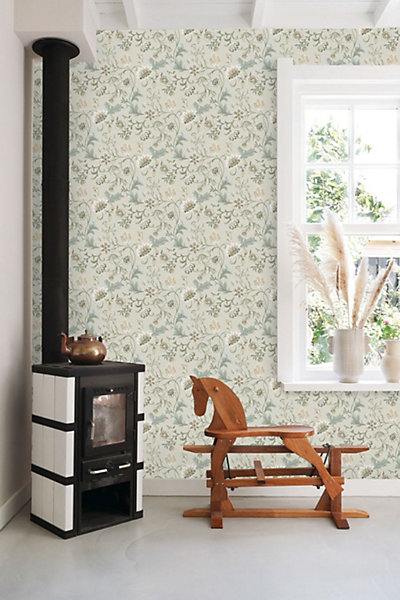 ESTAhome papier peint fleurs vintage gris charbon de bois et vert 53 cm x 10.05 m
