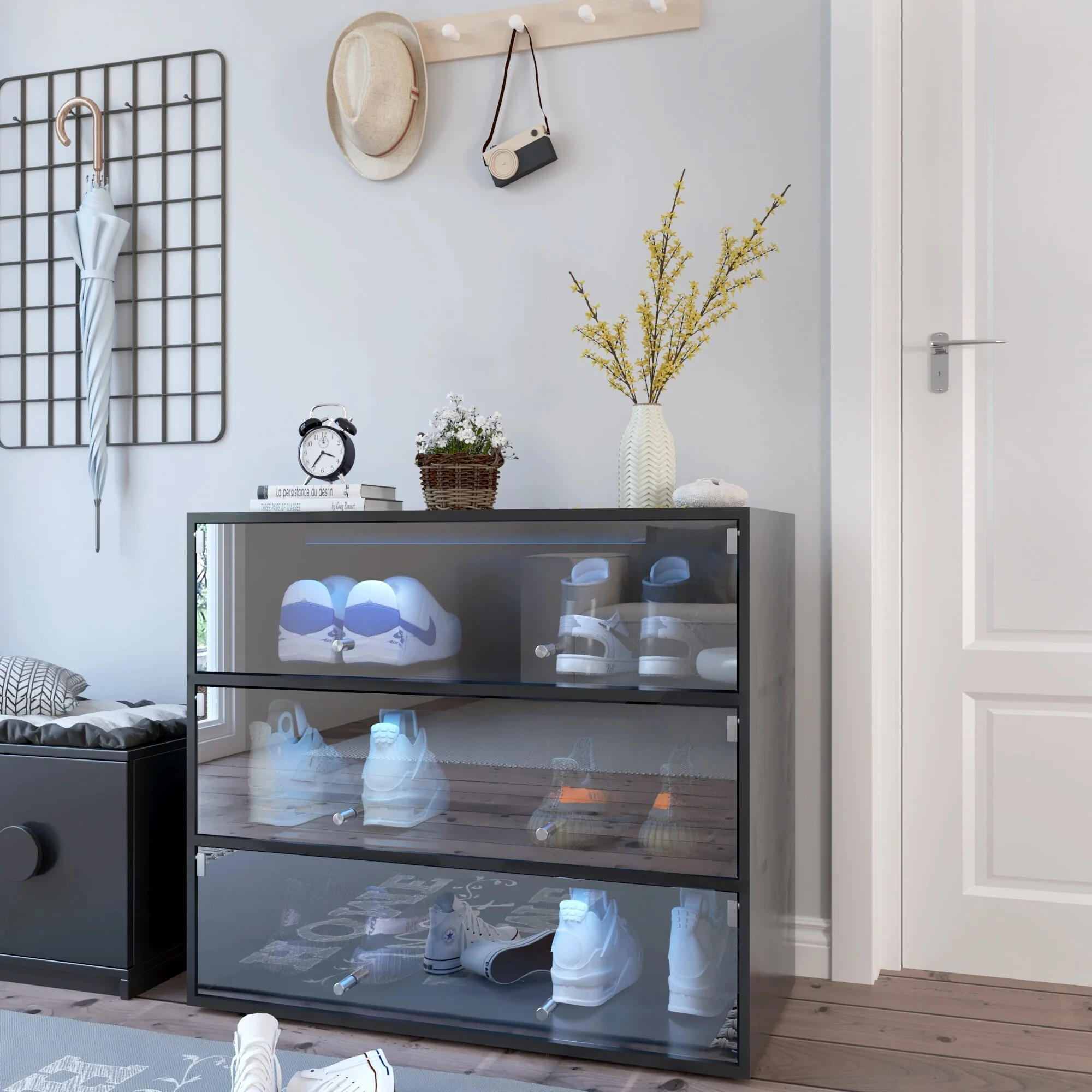 Shoe Box with LED Light, 3 Tiers Glass Door Shoe Cabinet, Shoe Organizer Storage Box Shoe Rack, Up to 9 Pairs of Shoes