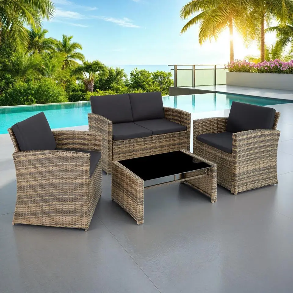 tectake - loungeset Lucca - bank/2 stoelen/tafel - wicker - natuur