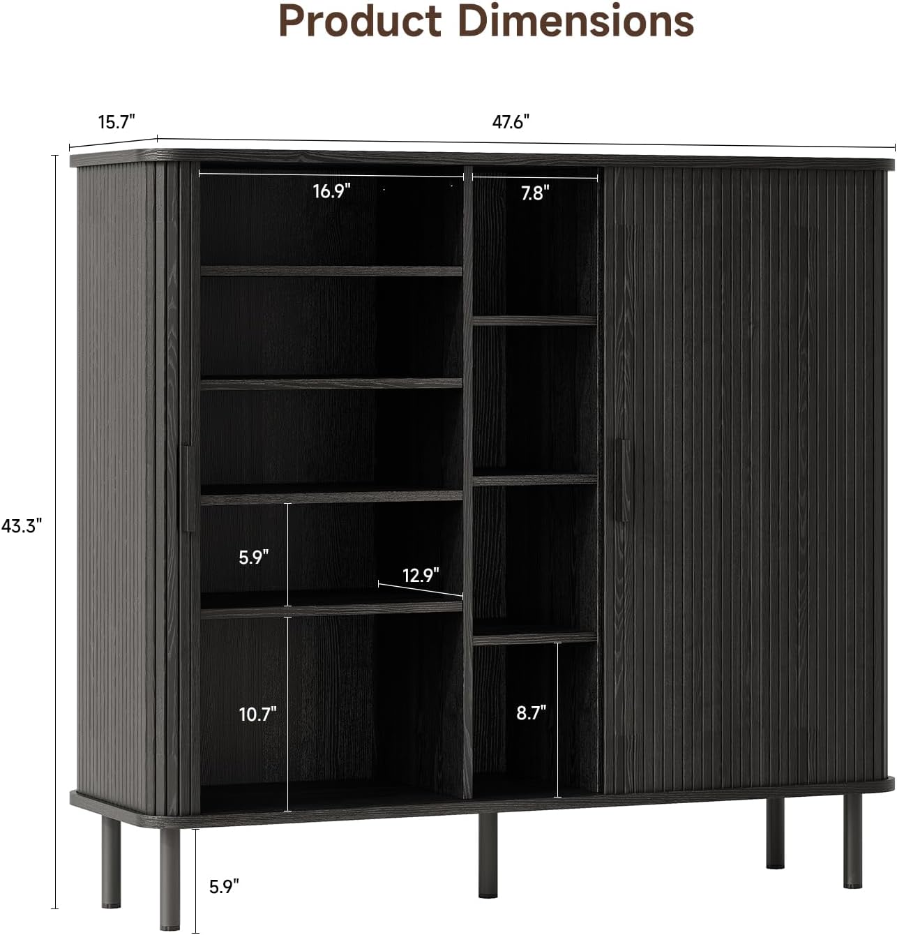 ONBRILL 43 Tall Fluted Shoe Cabinet with 8 Adjustable Shelves, Shoe Storage Cabinet with Sliding Door and 4 Open Shelves, Mid-Century Modern Shoe Organizer for Entryway, Hallway, Living Room, Black
