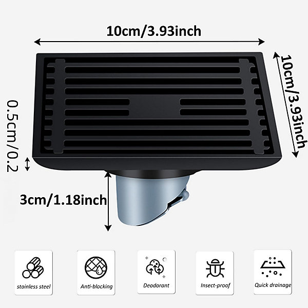 CODEKEY 10x10 Siphon De Sol Baignoire, Siphon Douche, Attrape Cheveux Douche en Acier Inoxydable, Siphon Sol Carré Noir, Grille