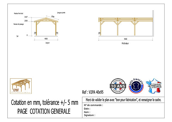 Carport adossé deux pentes 400cmx450cm bois DOUGLAS Français (Charpente en bois-auvent-abri voiture) 18m². Garantie 10 ans