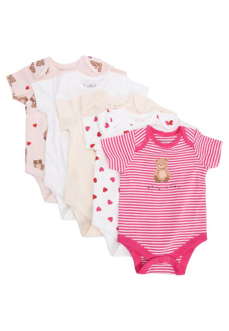 Baby Girls 5pk Pink Bear Print Bodysuits